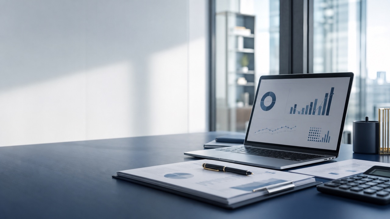 Modern finance workspace with accounting papers and dashboard
