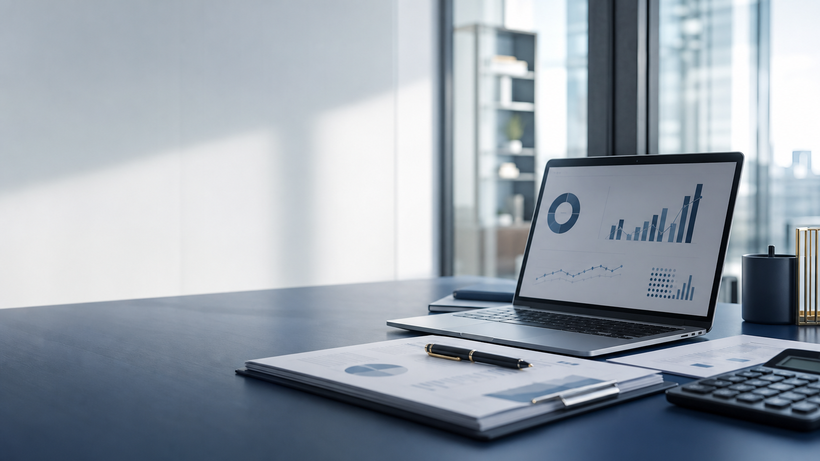 Modern finance workspace with accounting papers and dashboard